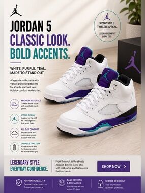 Jordan 5 White Sneakers Purple Teal Accents Kids 6.5Y Retro Basketball